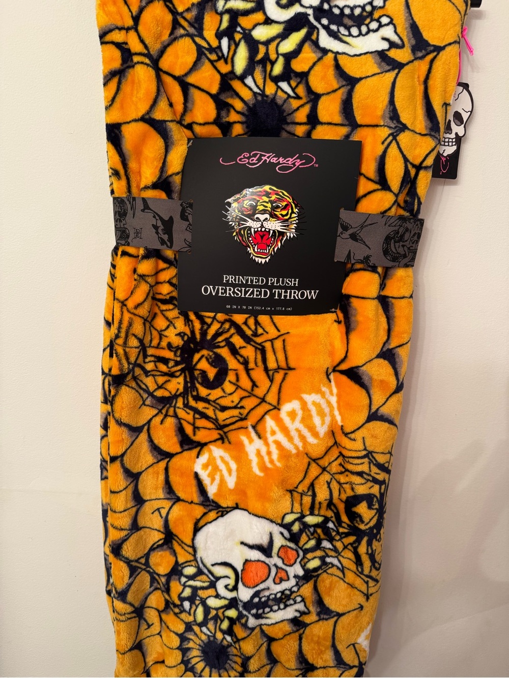 Ed Hardy Halloween Oversized Plush Throw Blanket Orange Skull Spider Webs